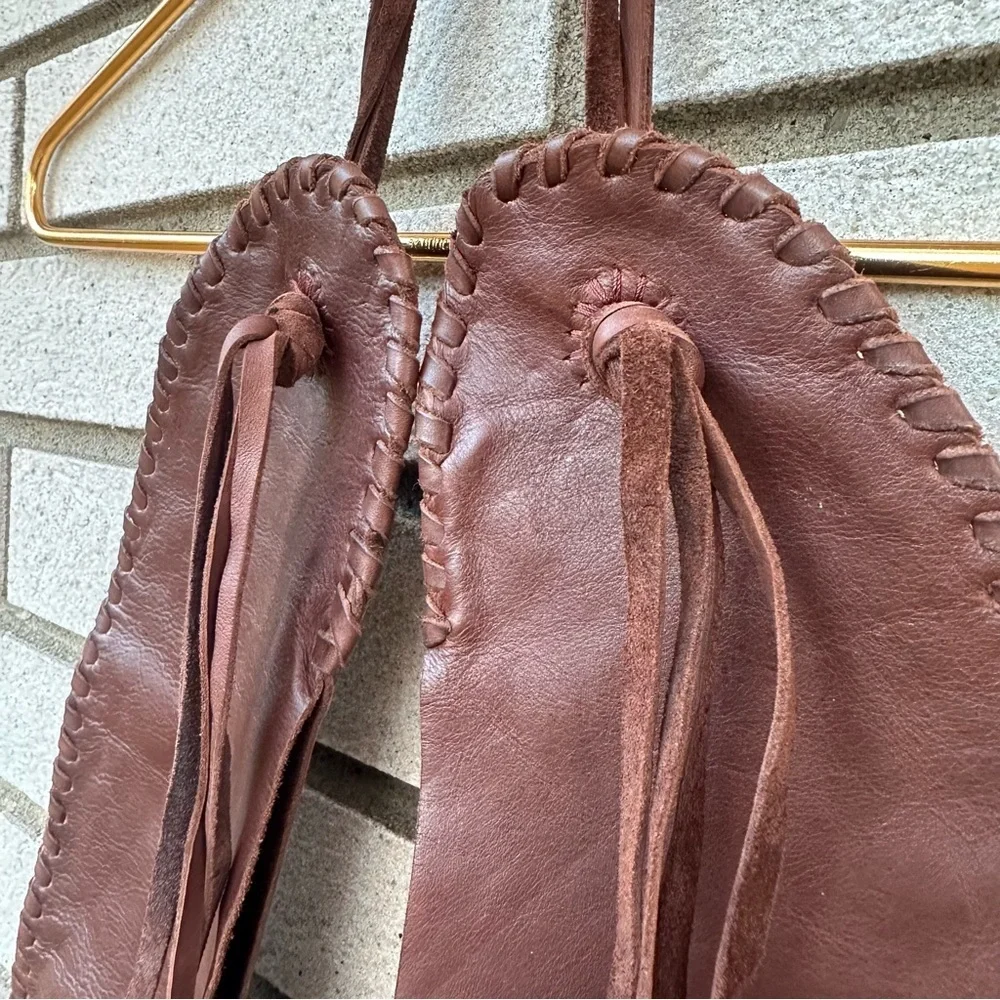 Handmade Brown Leather Beaded Shoulder Bag Tote Purse Whipstitch Edge Tie Straps